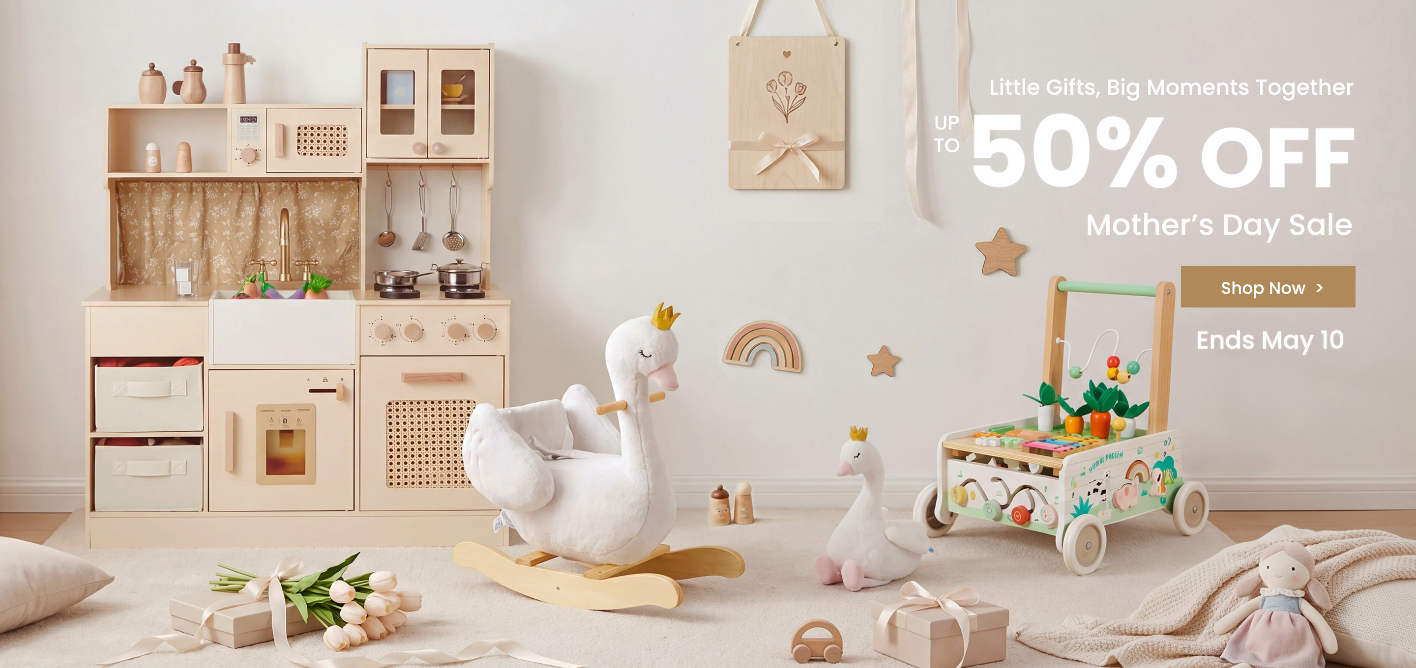 Labebe Wooden Montessori toys for toddlers including baby push walker and swan rocker in a soft nursery setting